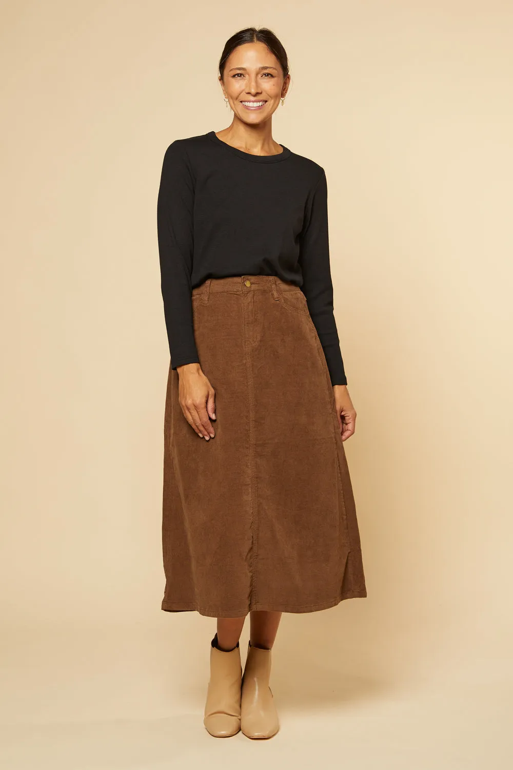 Adrift A-Line Brushed Cotton Skirt in Chocolate