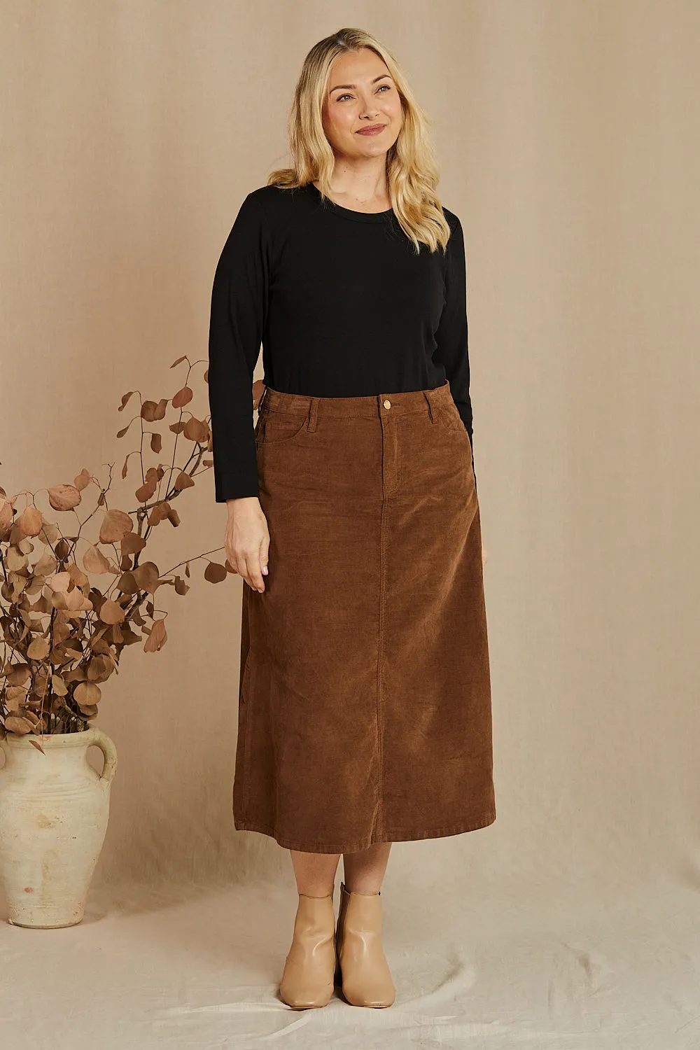 Adrift A-Line Brushed Cotton Skirt in Chocolate