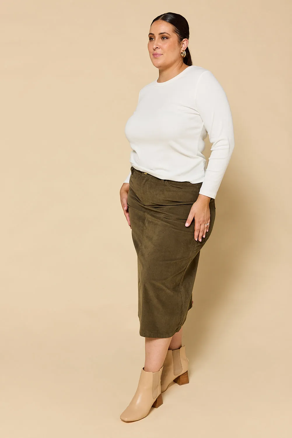 Adrift A-Line Brushed Cotton Skirt in Olive