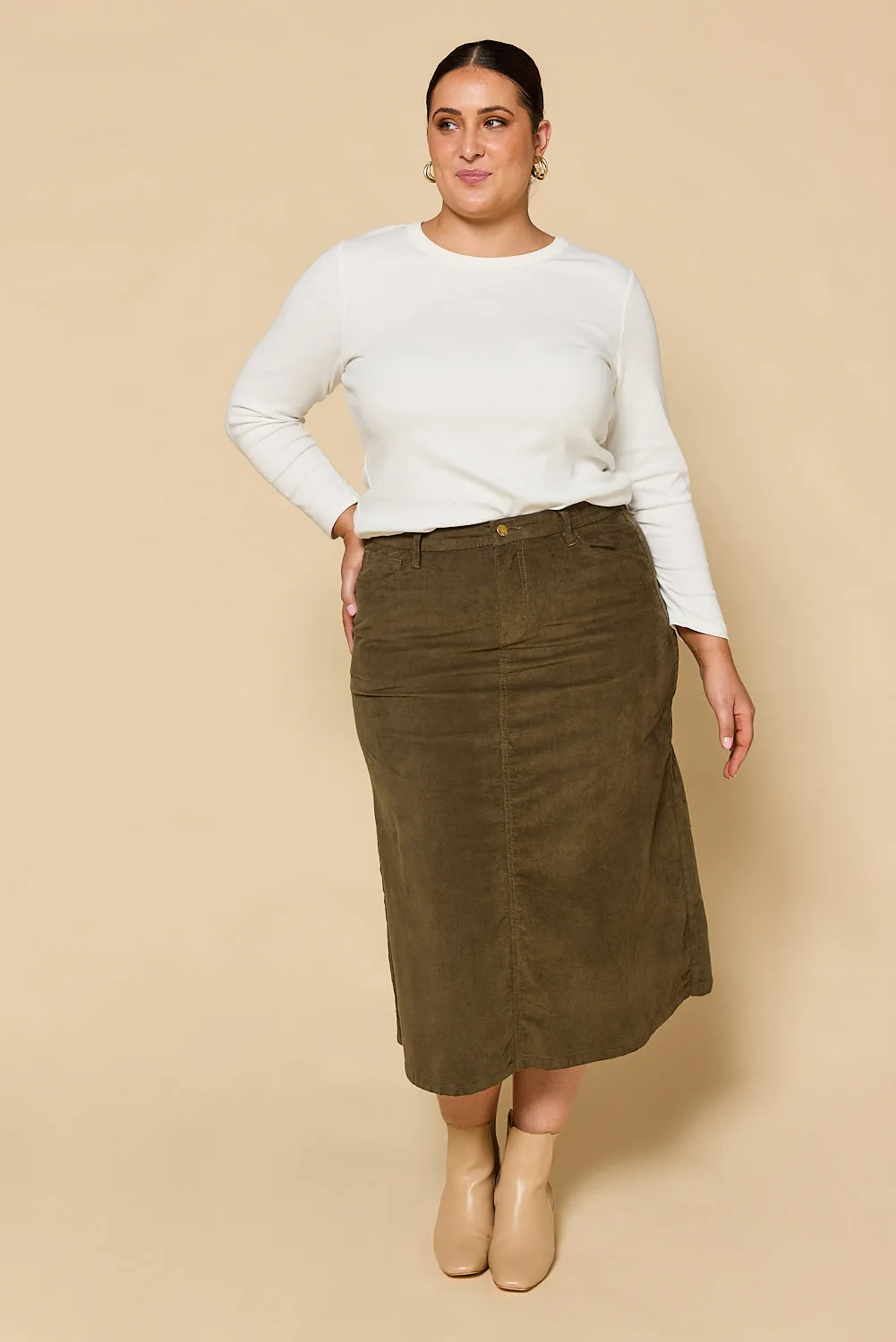 Adrift A-Line Brushed Cotton Skirt in Olive