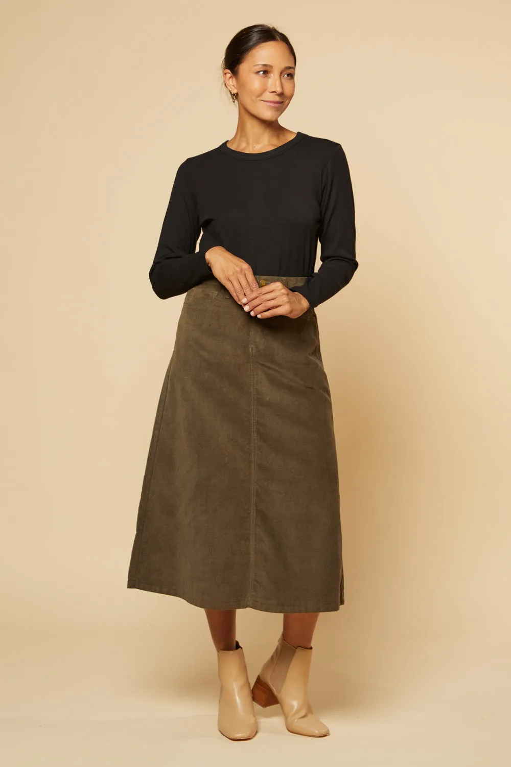 Adrift A-Line Brushed Cotton Skirt in Olive