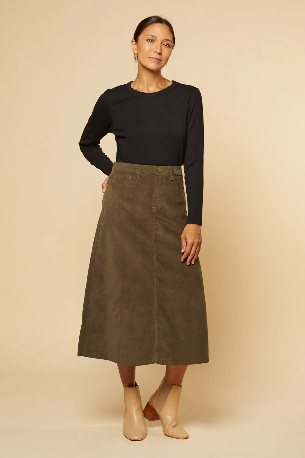 Adrift A-Line Brushed Cotton Skirt in Olive