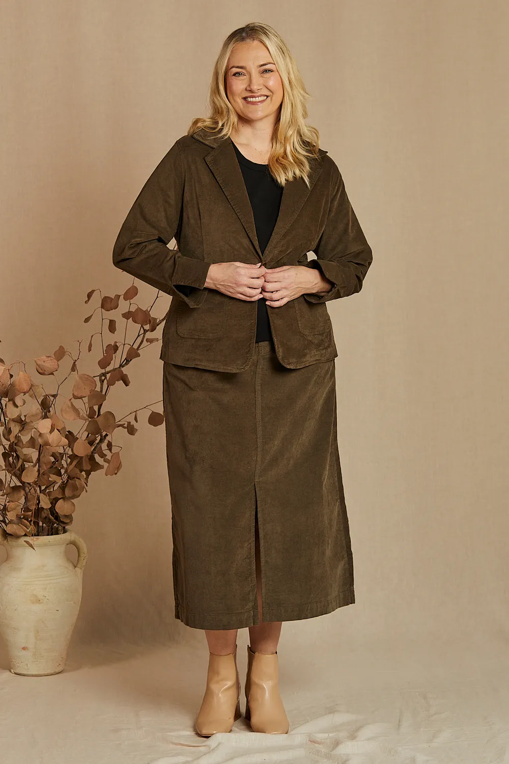 Adrift Split Brushed Cotton Skirt in Olive