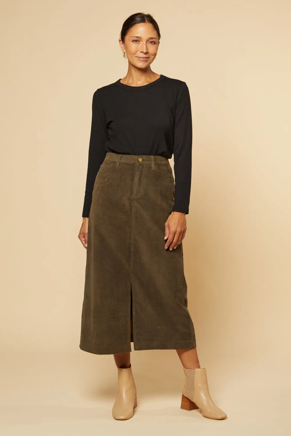 Adrift Split Brushed Cotton Skirt in Olive