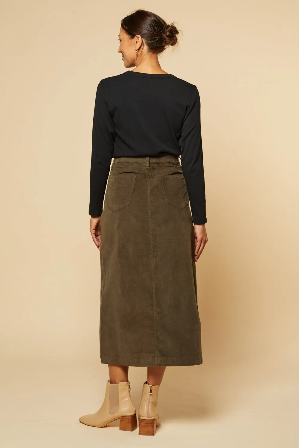 Adrift Split Brushed Cotton Skirt in Olive