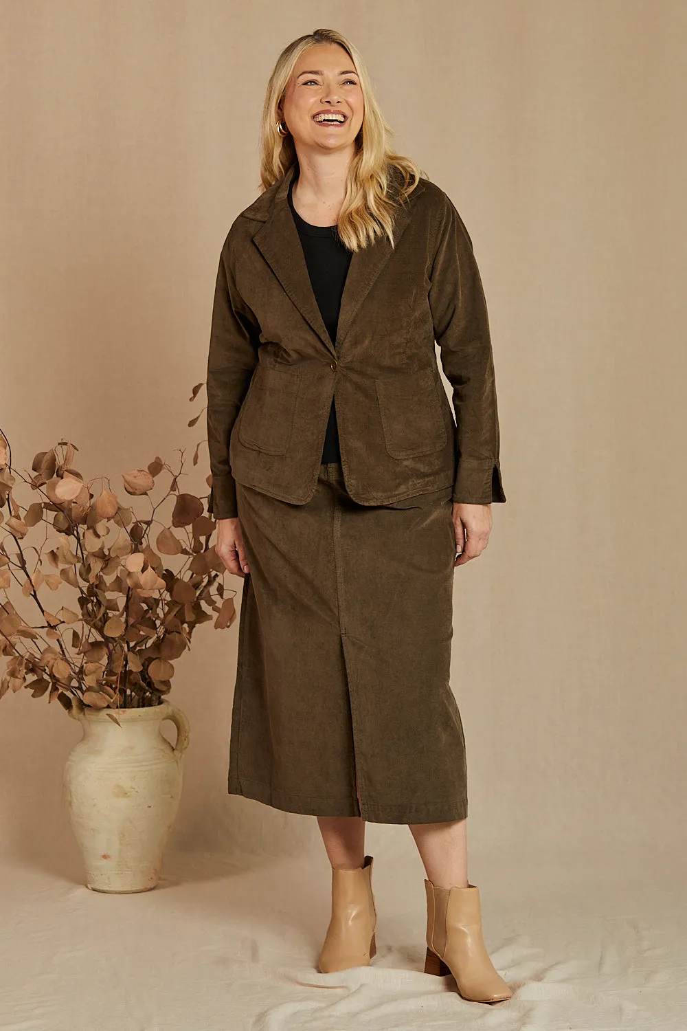 Adrift Split Brushed Cotton Skirt in Olive