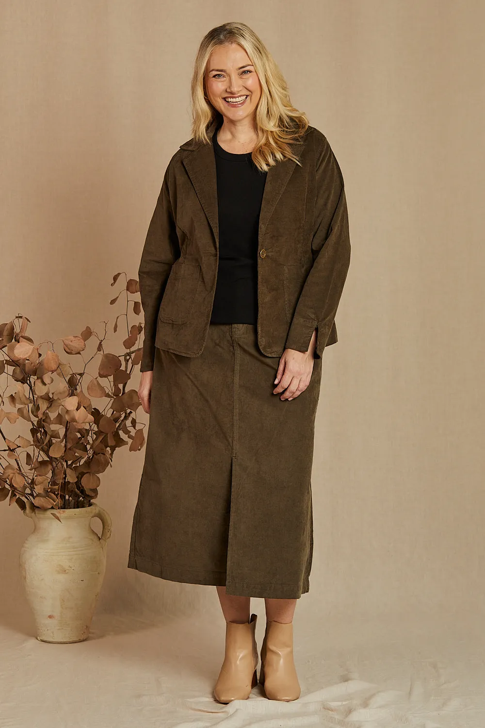 Adrift Split Brushed Cotton Skirt in Olive