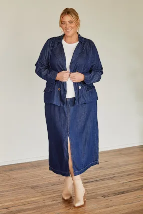 Adrift Split Tencel Skirt in Dark Wash