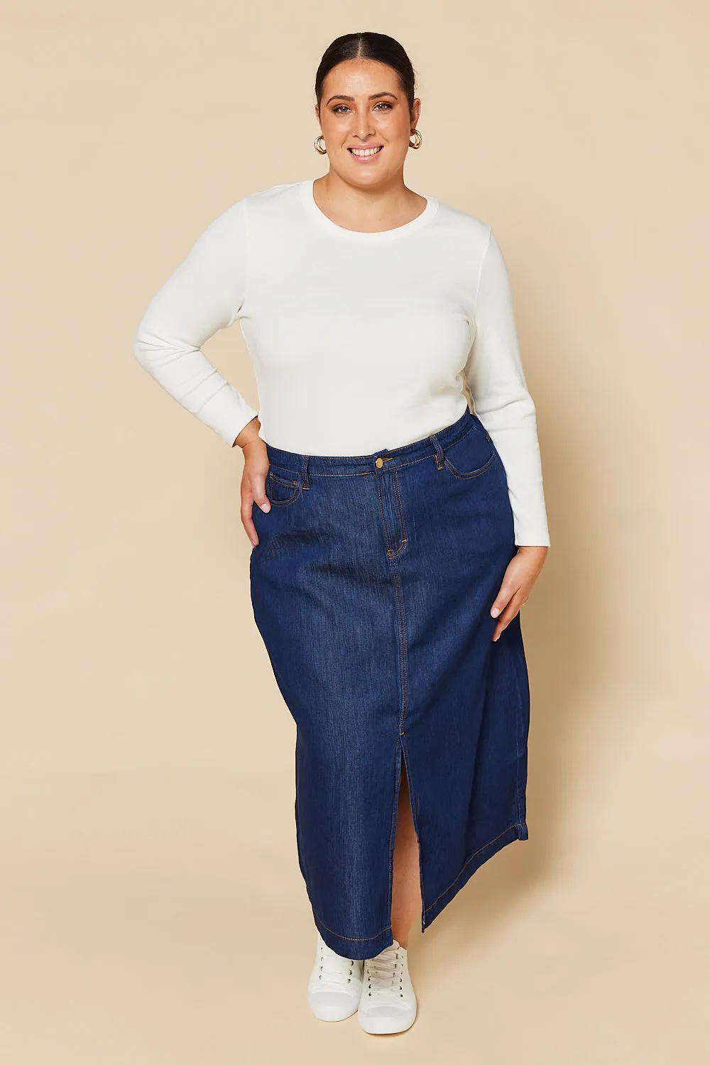 Adrift Split Tencel Skirt in Dark Wash