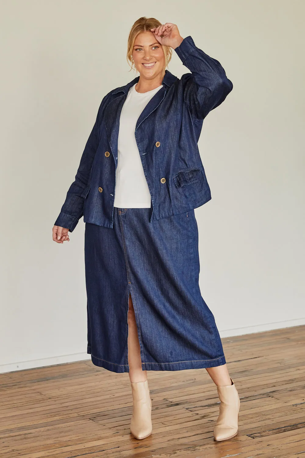 Adrift Split Tencel Skirt in Dark Wash