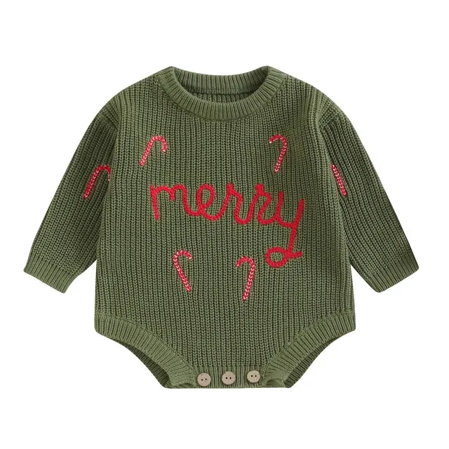 Baby Boys  Christmas Sweater Romper Onesie - MERRY Candy Cane