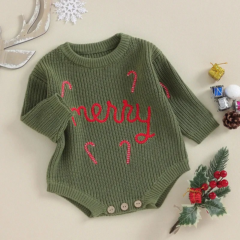 Baby Boys  Christmas Sweater Romper Onesie - MERRY Candy Cane