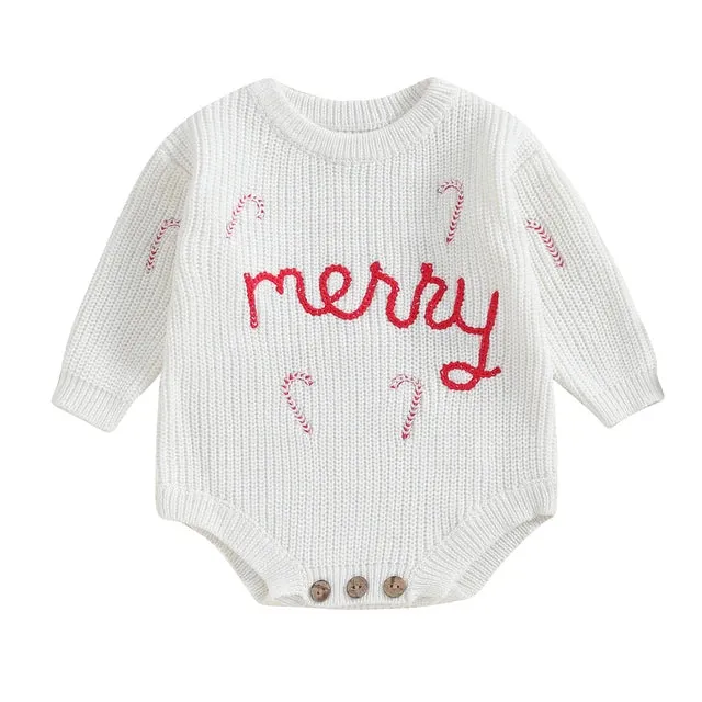 Baby Boys  Christmas Sweater Romper Onesie - MERRY Candy Cane