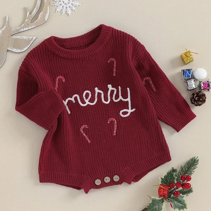 Baby Boys  Christmas Sweater Romper Onesie - MERRY Candy Cane