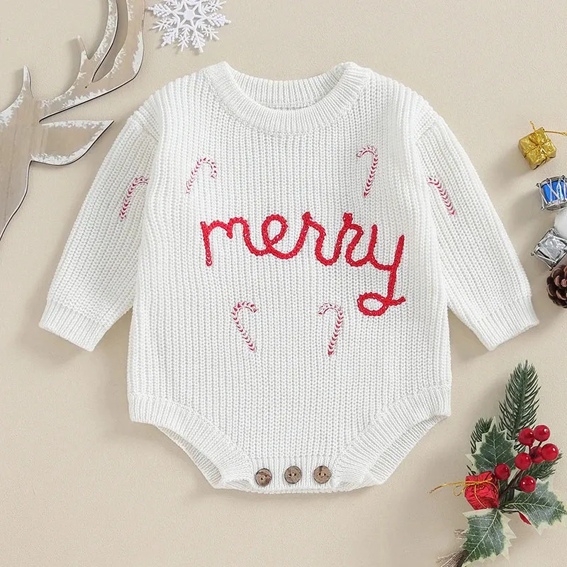 Baby Boys  Christmas Sweater Romper Onesie - MERRY Candy Cane