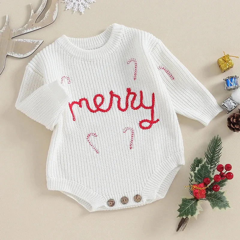 Baby Boys  Christmas Sweater Romper Onesie - MERRY Candy Cane