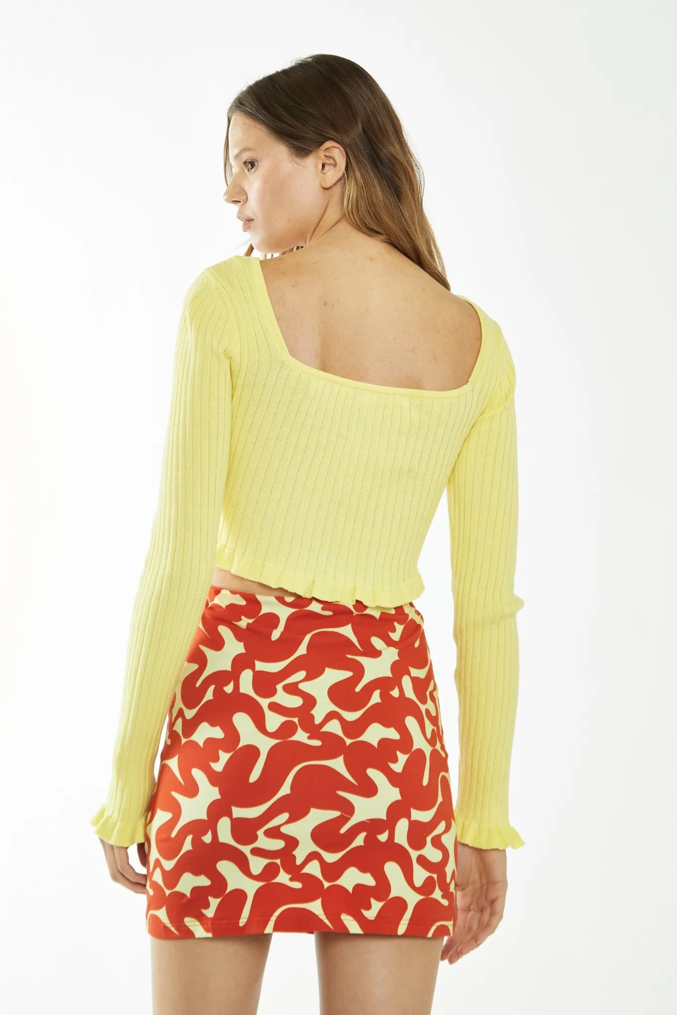 Banana-Orange Squiggle Jersey Mini Skirt