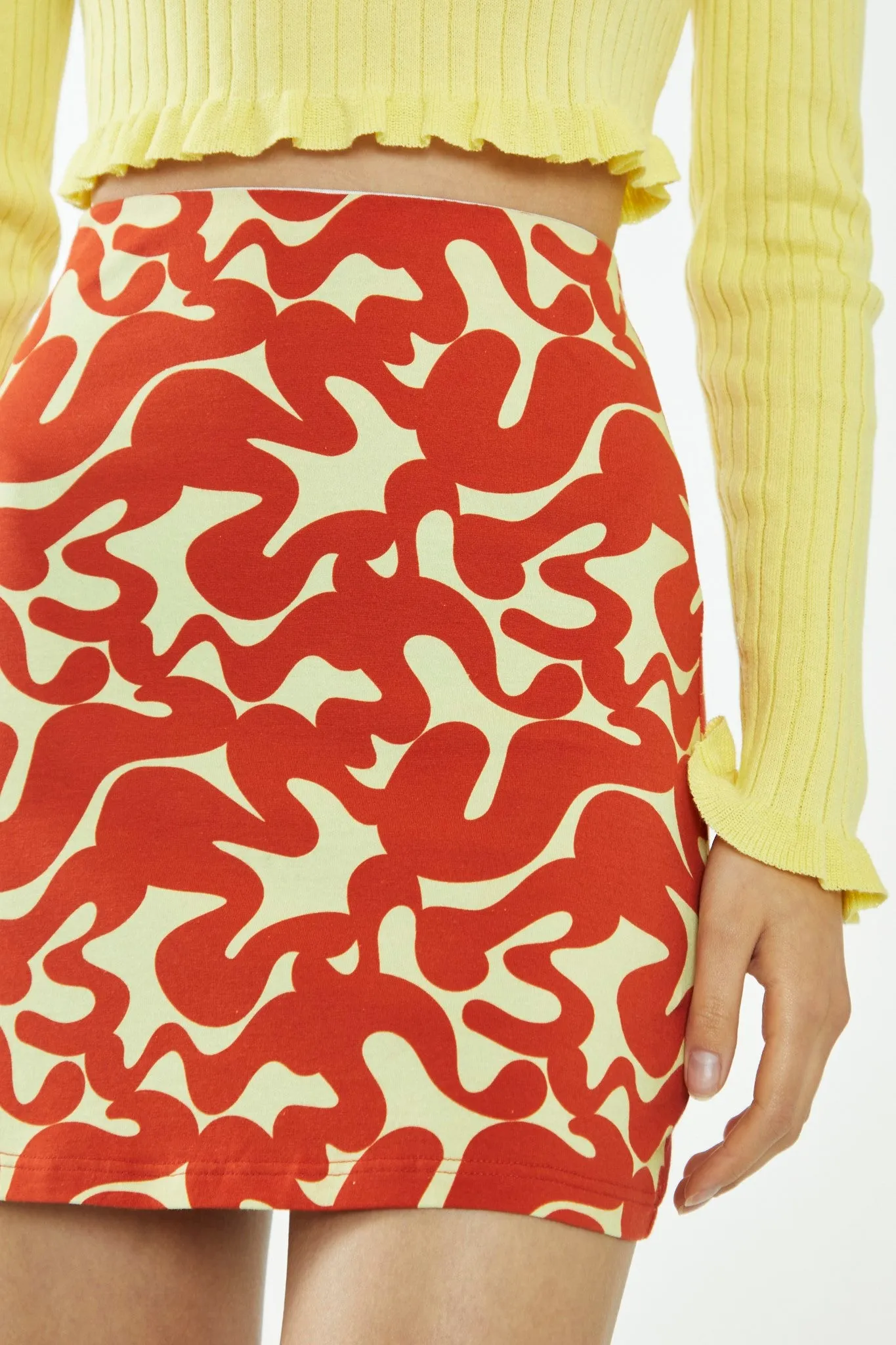 Banana-Orange Squiggle Jersey Mini Skirt