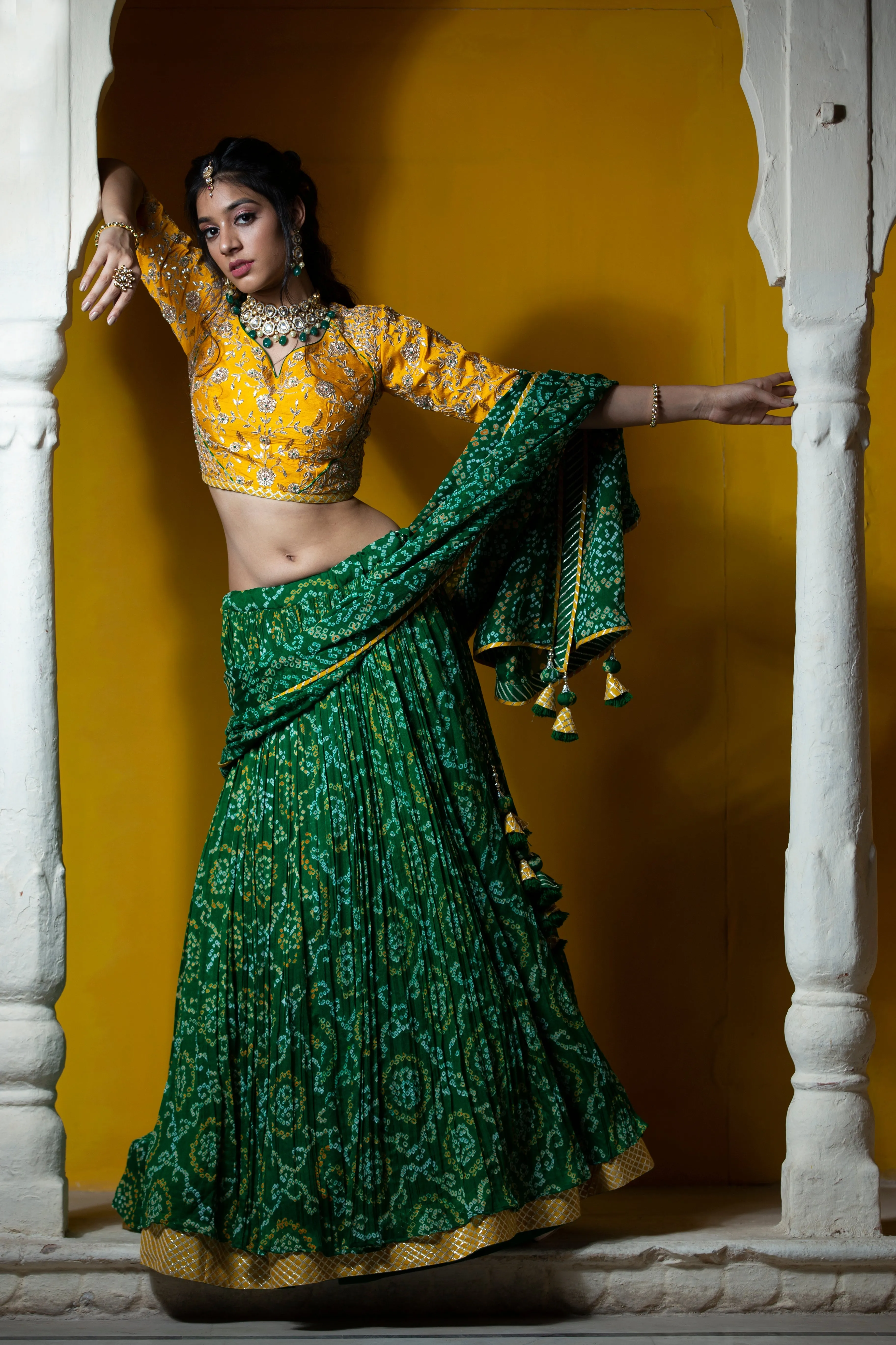 Bandhej Chinon silk Lehenga with Aari, Gota Patti, Sequins, Thread, Zardozi work.