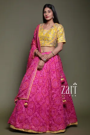 Bandhej Chinon silk Lehenga with Aari, Gota Patti, Sequins, Thread, Zardozi work.