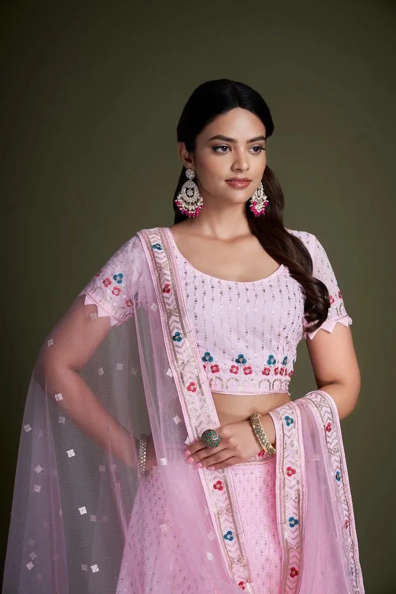 Beautiful Pink Colored Georgette Sequins Work Lehenga Choli With Dupatta