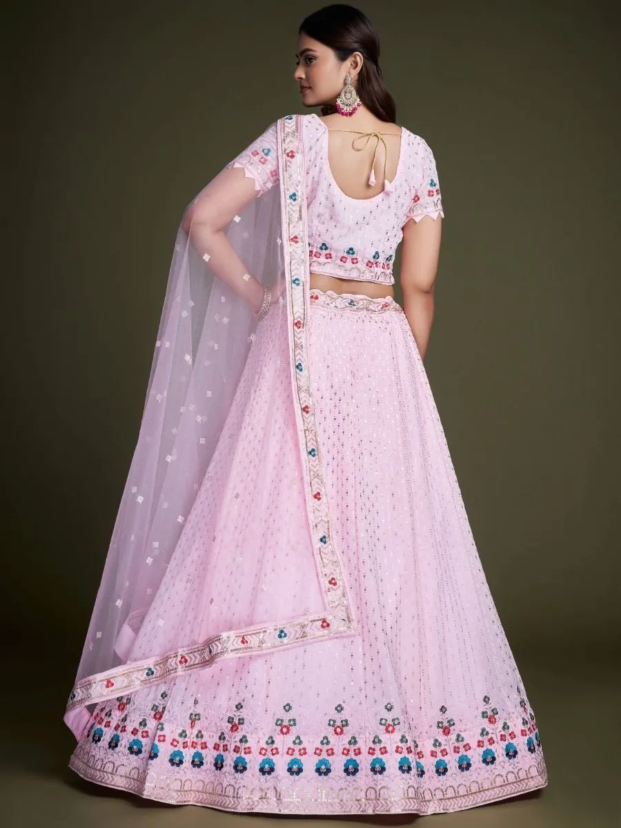 Beautiful Pink Colored Georgette Sequins Work Lehenga Choli With Dupatta