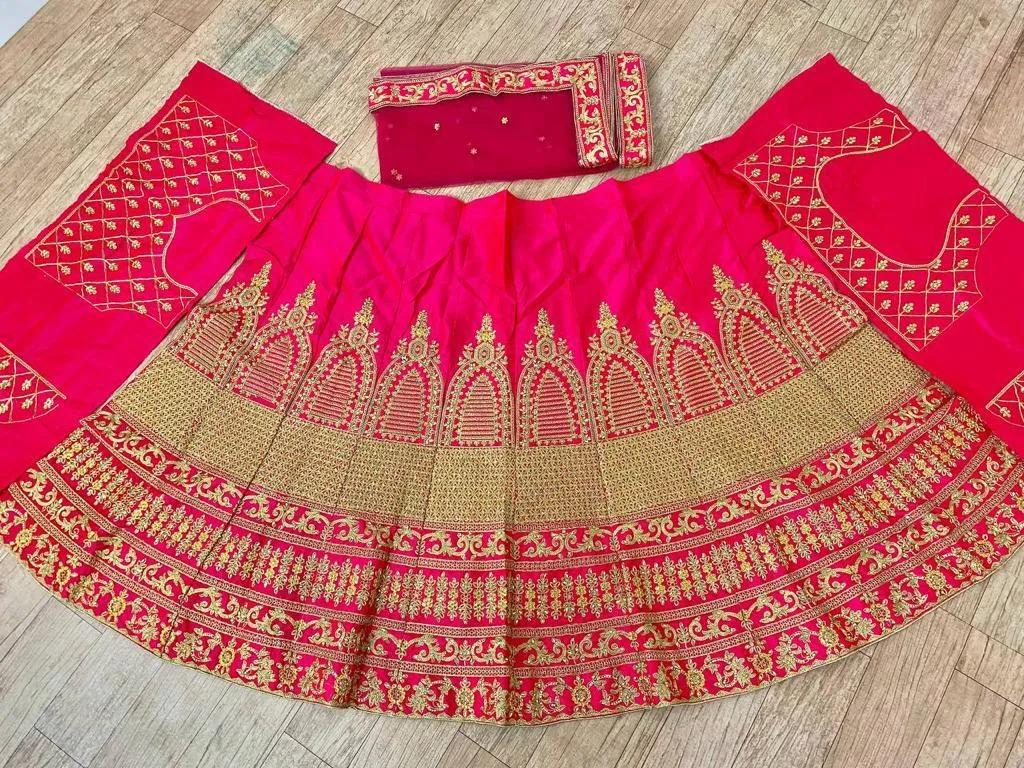 Beautiful Rani Pink Color Embroidery Party Wear Silk Stone Work Lehenga