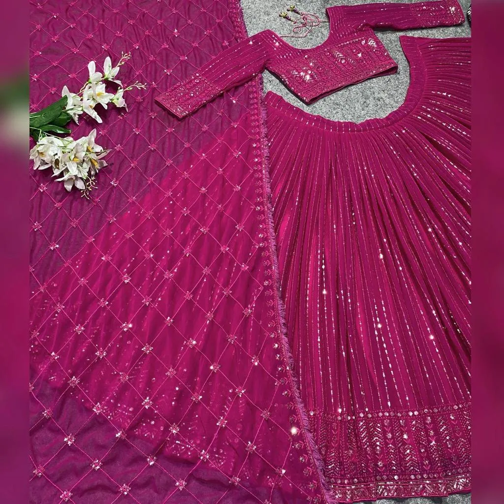 Beautiful Rani Pink Colored Multi Needle Work And Embroidery And Zari Work Lehenga Cholis For Women