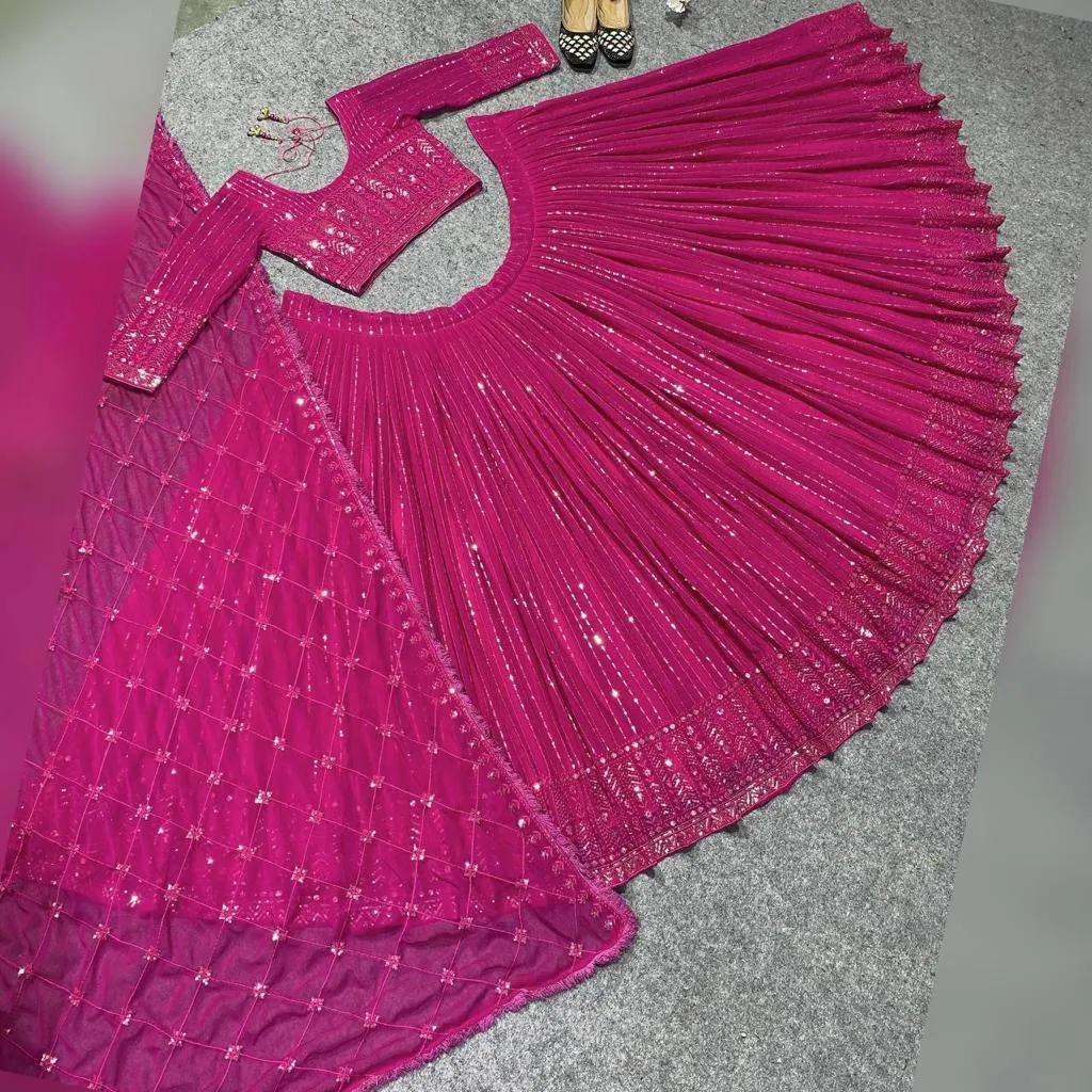 Beautiful Rani Pink Colored Multi Needle Work And Embroidery And Zari Work Lehenga Cholis For Women