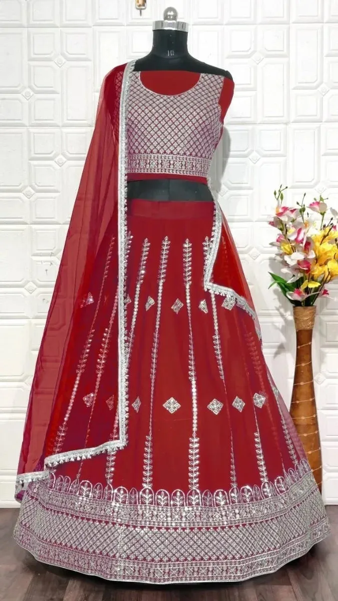 Beautiful Red Designer Georgette Embroidery Lehenga Choli