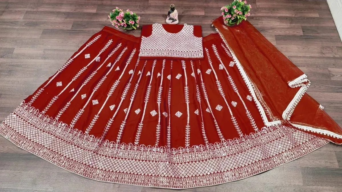 Beautiful Red Designer Georgette Embroidery Lehenga Choli