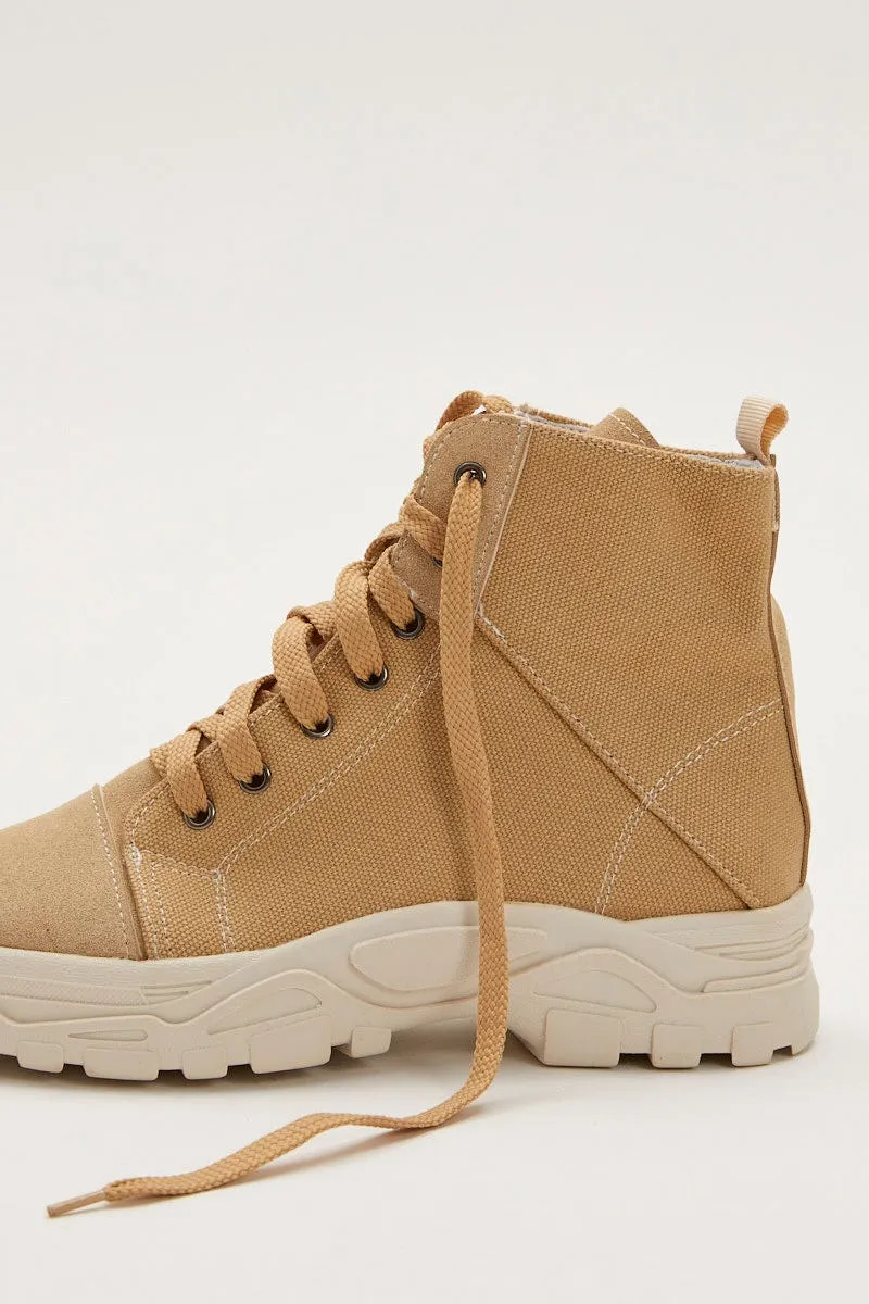 Beige Lace Up Hiking Boots