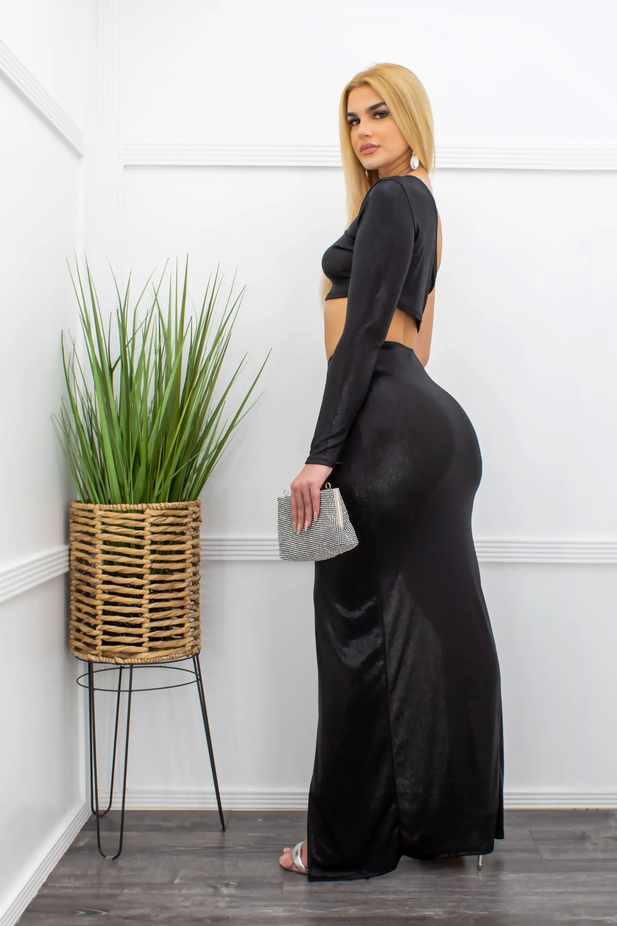 Black One Sleeve Top Slit Maxi Skirt Set