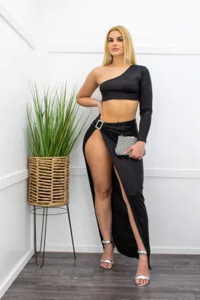 Black One Sleeve Top Slit Maxi Skirt Set