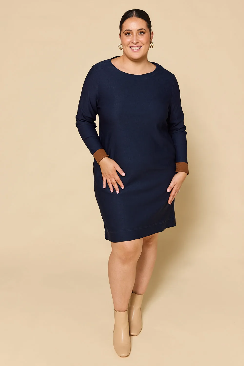 Boatneck Ponte Long Sleeve Dress in Navy