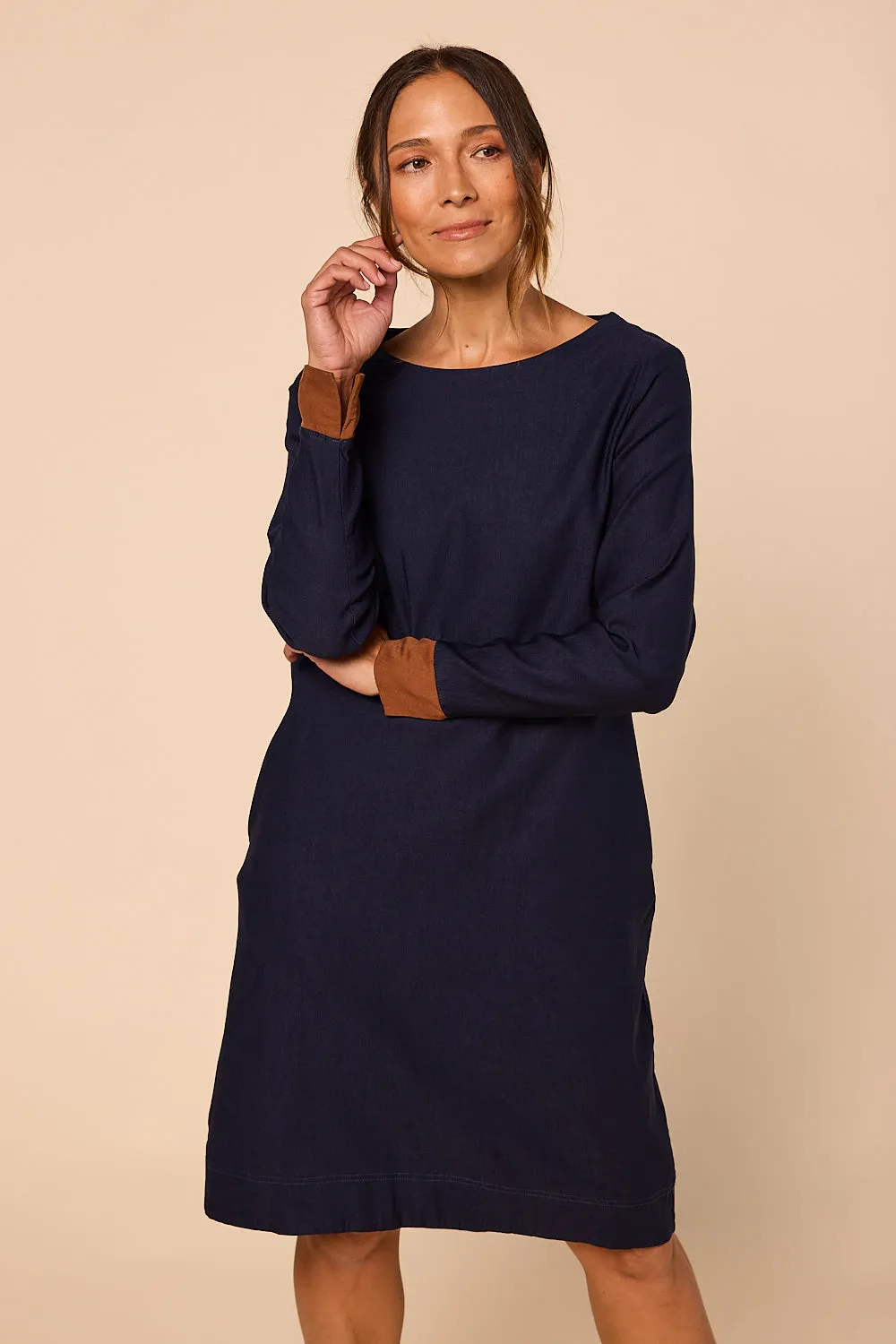 Boatneck Ponte Long Sleeve Dress in Navy