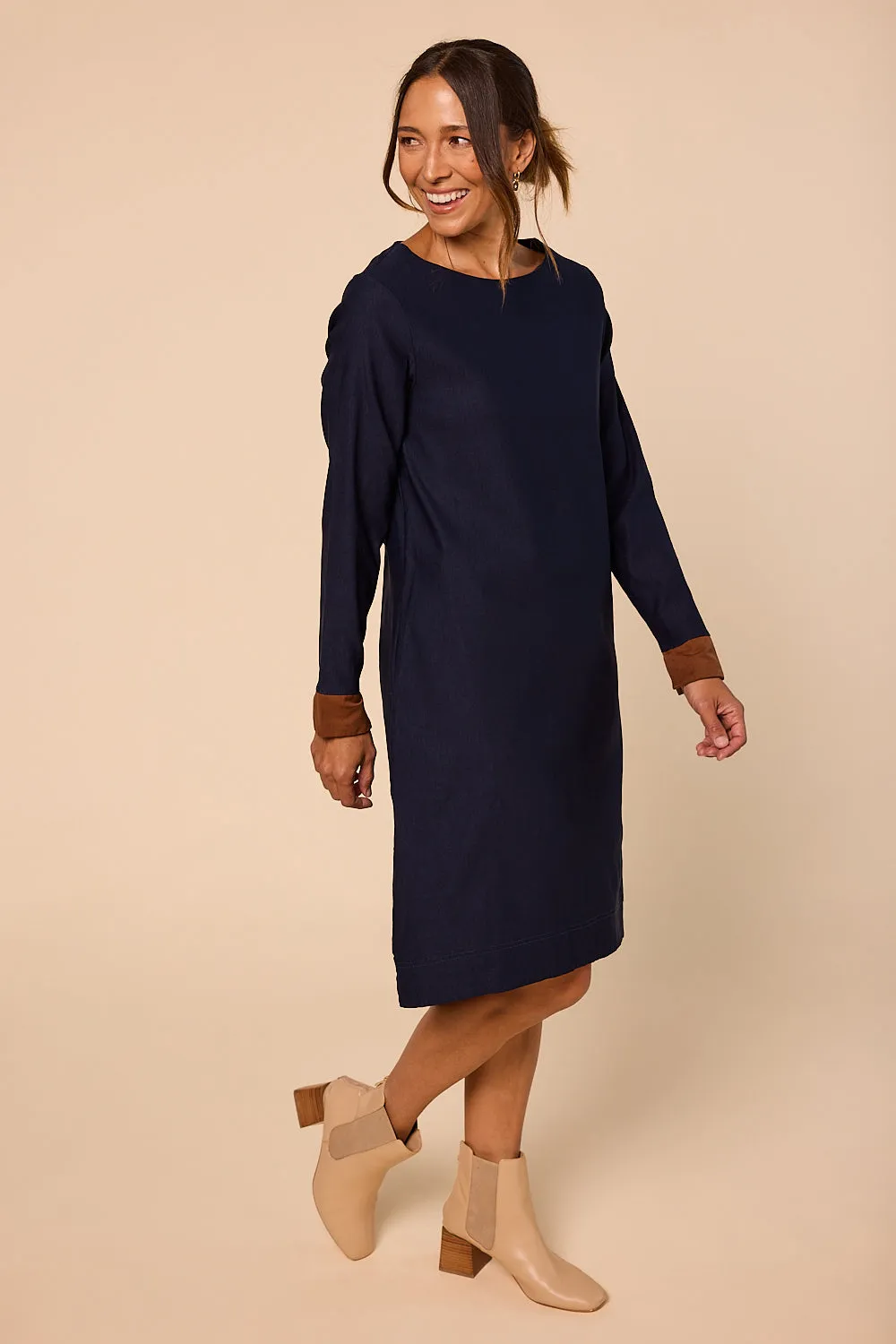 Boatneck Ponte Long Sleeve Dress in Navy