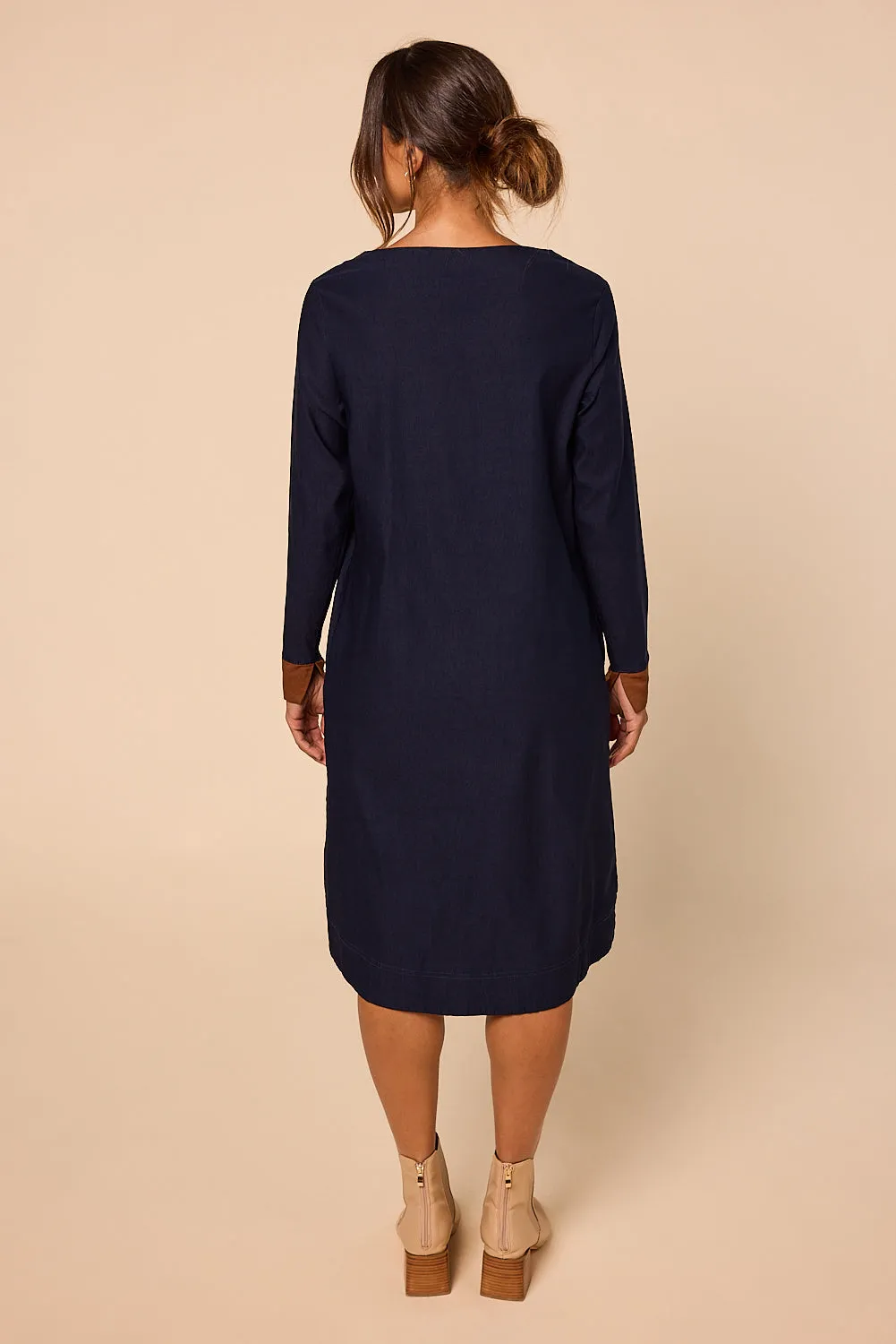 Boatneck Ponte Long Sleeve Dress in Navy