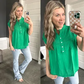 Button Front Pleated Blouse In Spring Green