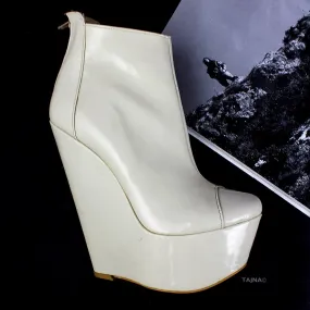 Cream Patent Leather   Wedge Booties