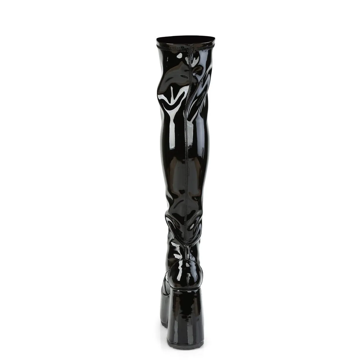 Demonia CAMEL-300 | Blk Stretch Patent Leather Above Knee Boots