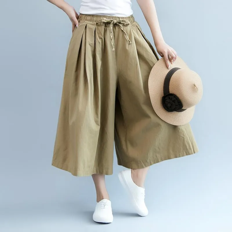 Elastic Waist Casual Wild Leg Pants-Khaki