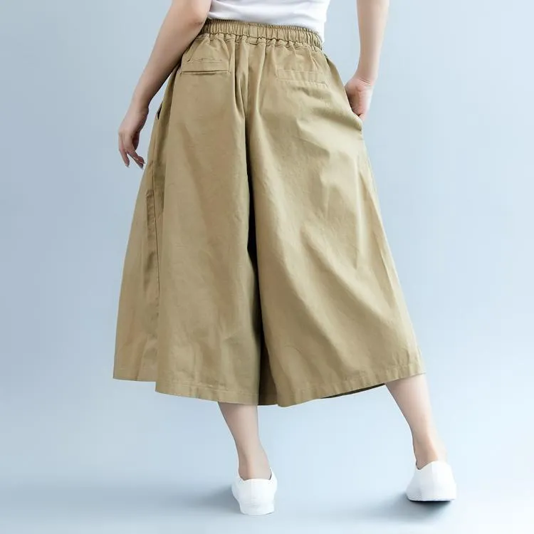 Elastic Waist Casual Wild Leg Pants-Khaki