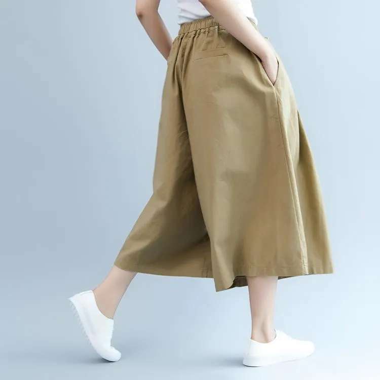 Elastic Waist Casual Wild Leg Pants-Khaki