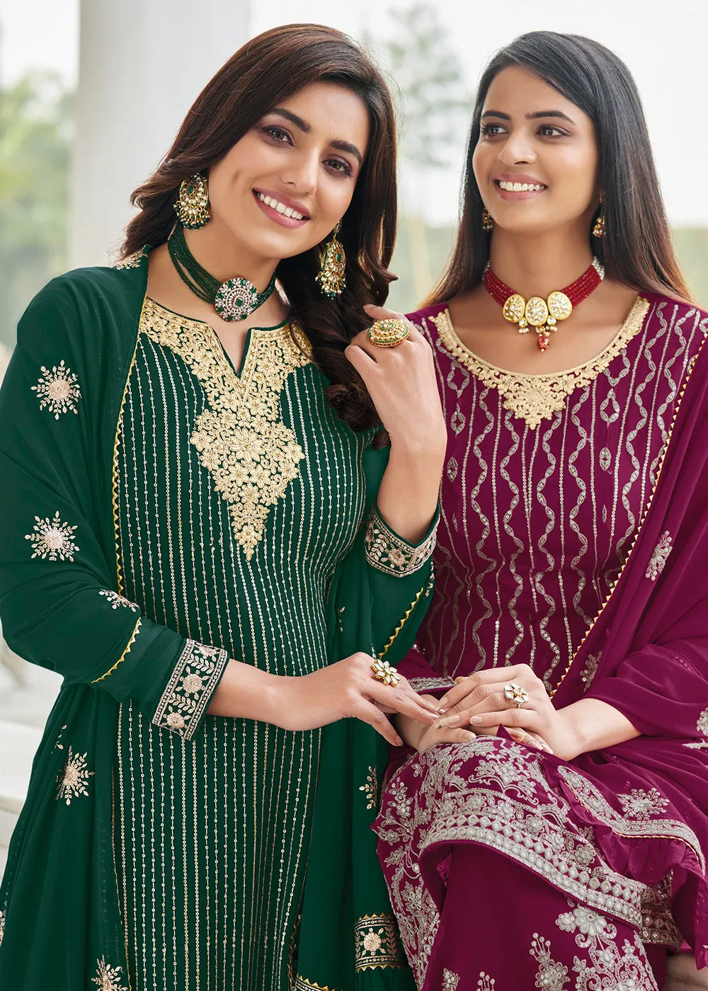 Elegant Bottle Green Resham & Zari Work Palazzo Salwar Suit