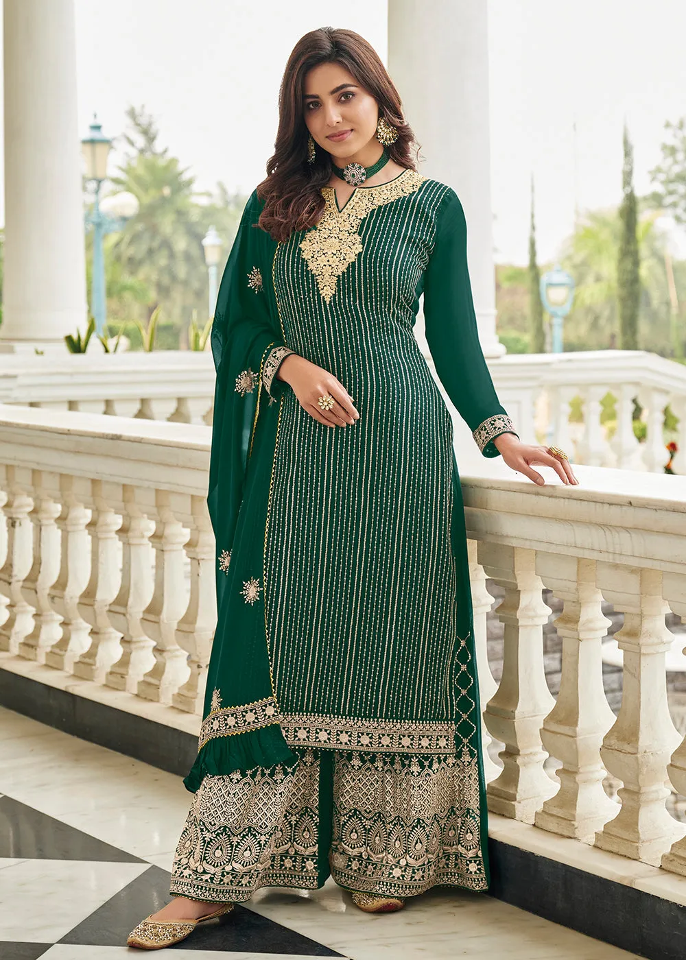 Elegant Bottle Green Resham & Zari Work Palazzo Salwar Suit