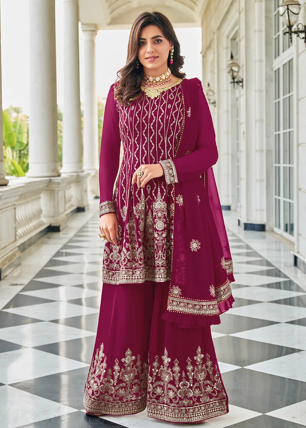 Elegant Rani Pink Resham & Zari Work Palazzo Salwar Suit