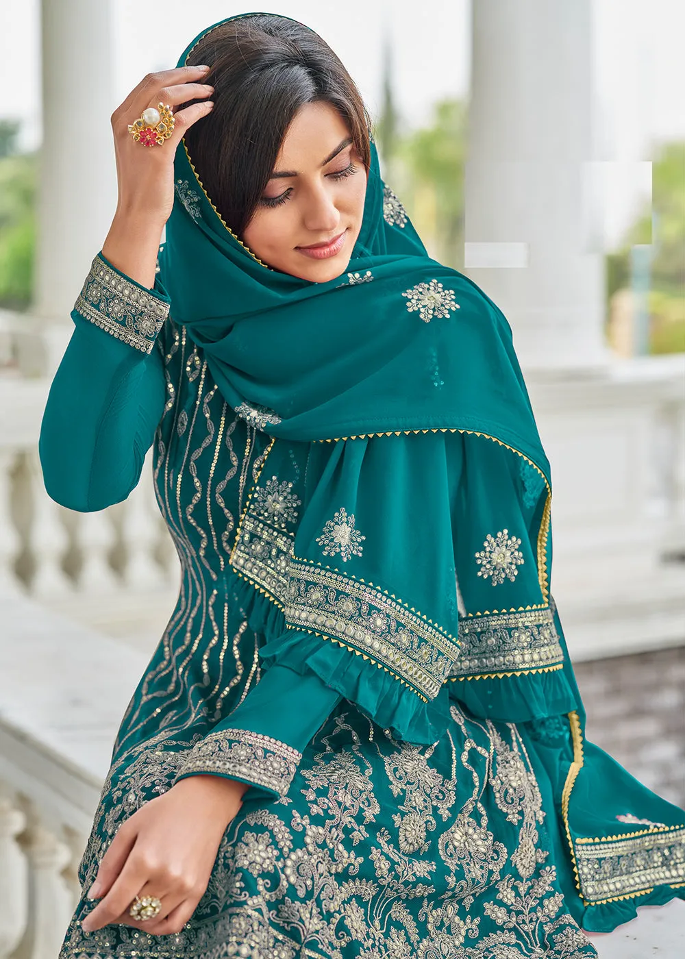 Elegant Turquoise Resham & Zari Work Palazzo Salwar Suit