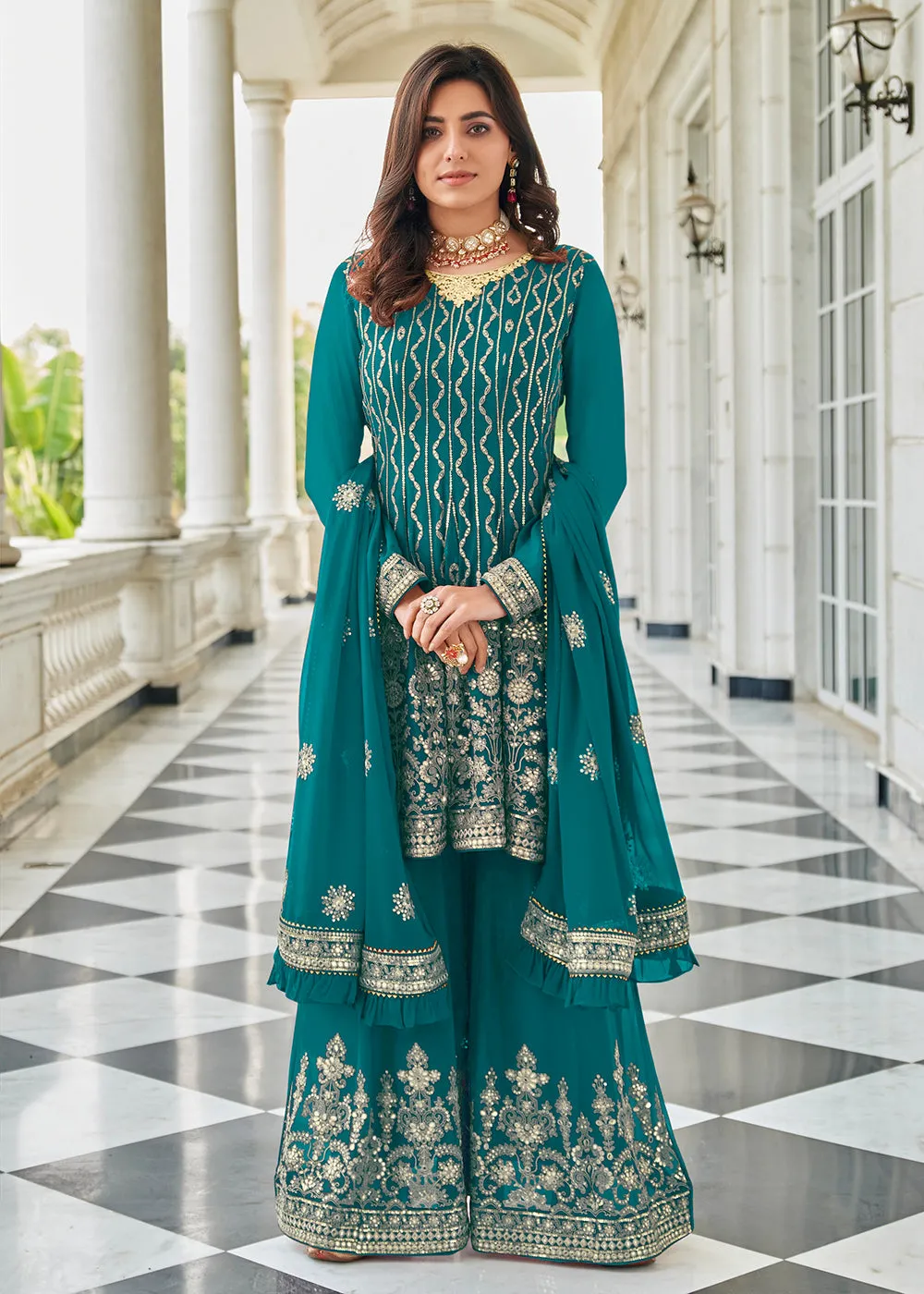 Elegant Turquoise Resham & Zari Work Palazzo Salwar Suit