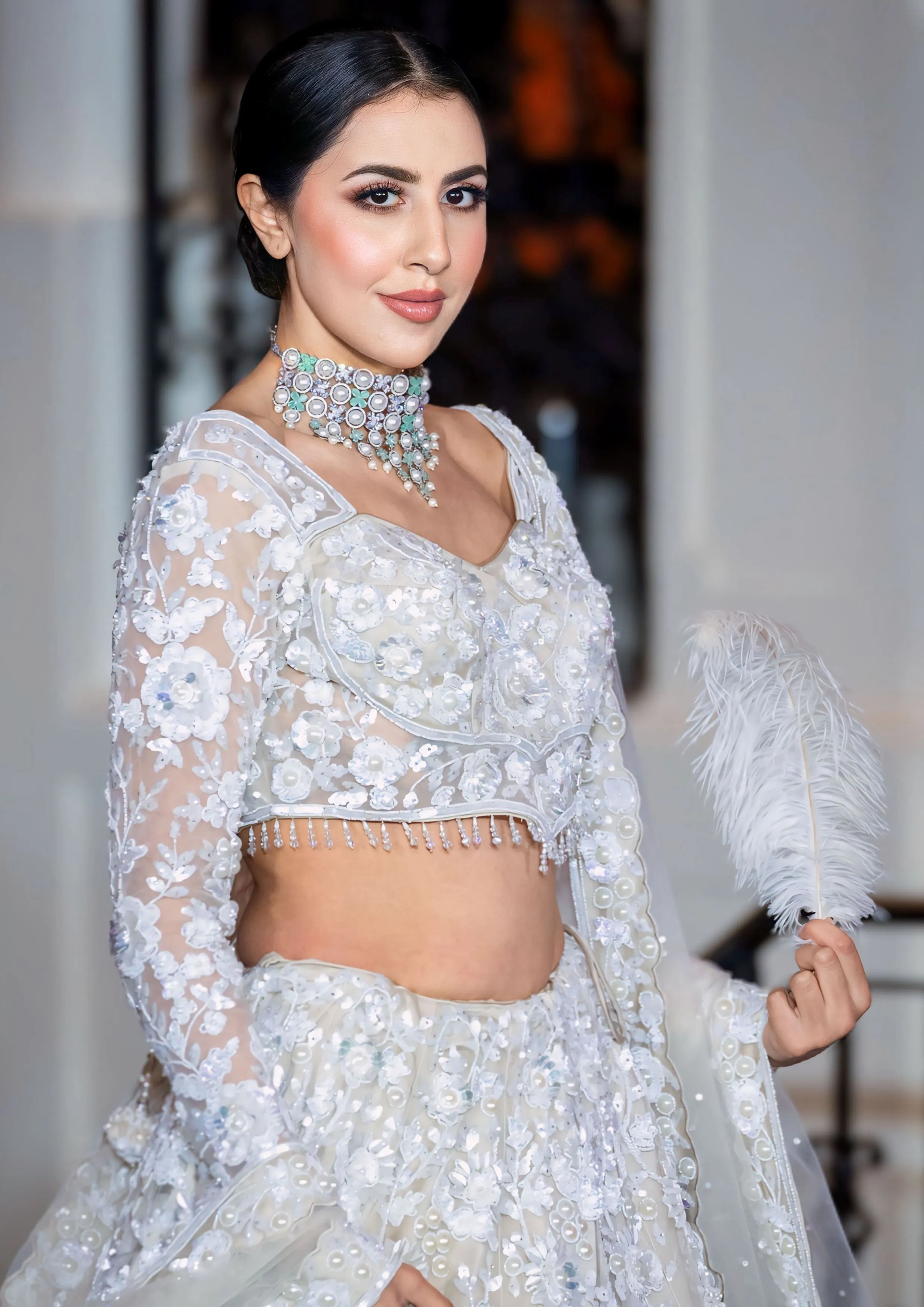 Embellished Pearl Studded Ivory White Bridal Lehenga